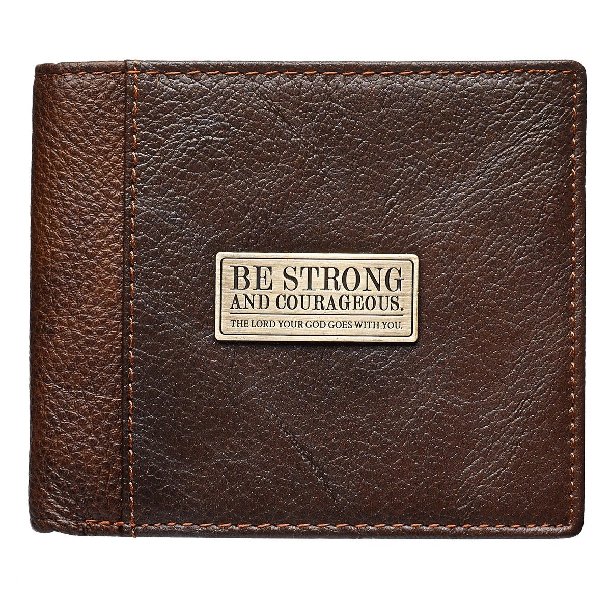 Brown Leather Wallet - Be Strong & Courageous Badge