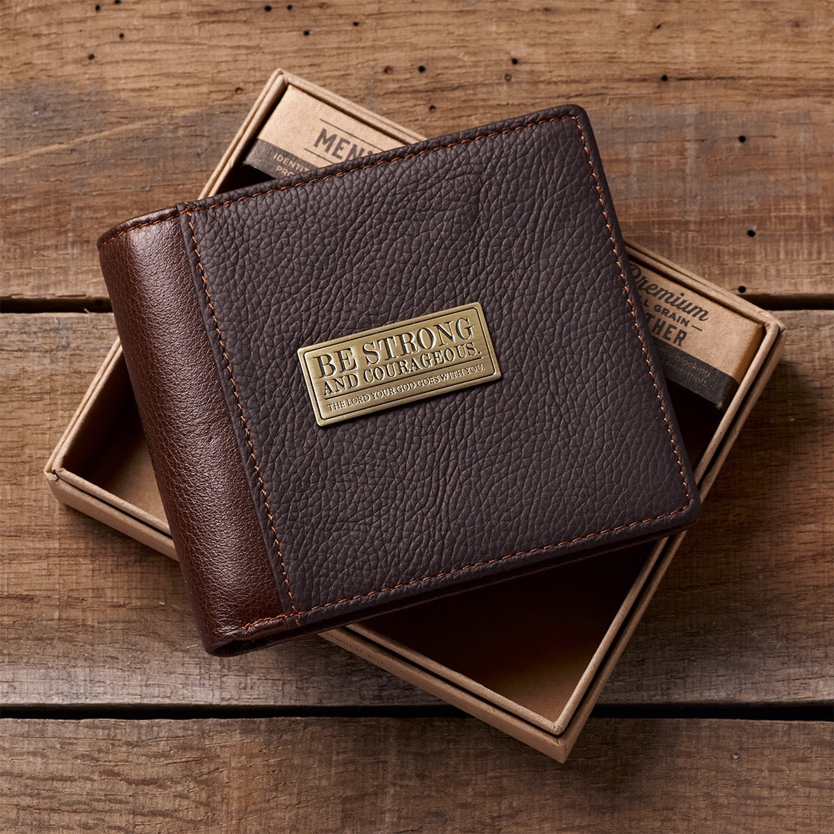 Brown Leather Wallet - Be Strong & Courageous Badge