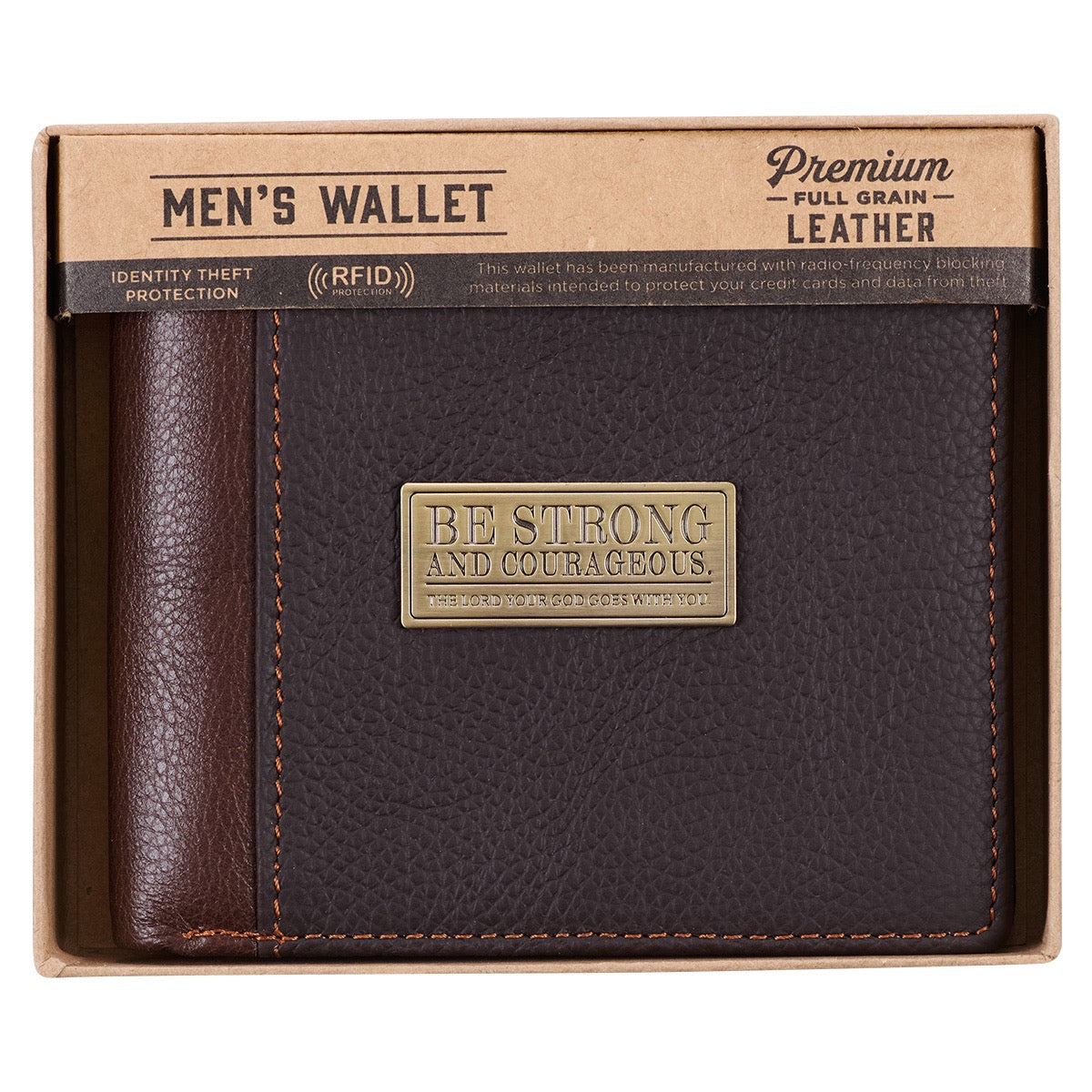 Brown Leather Wallet - Be Strong & Courageous Badge