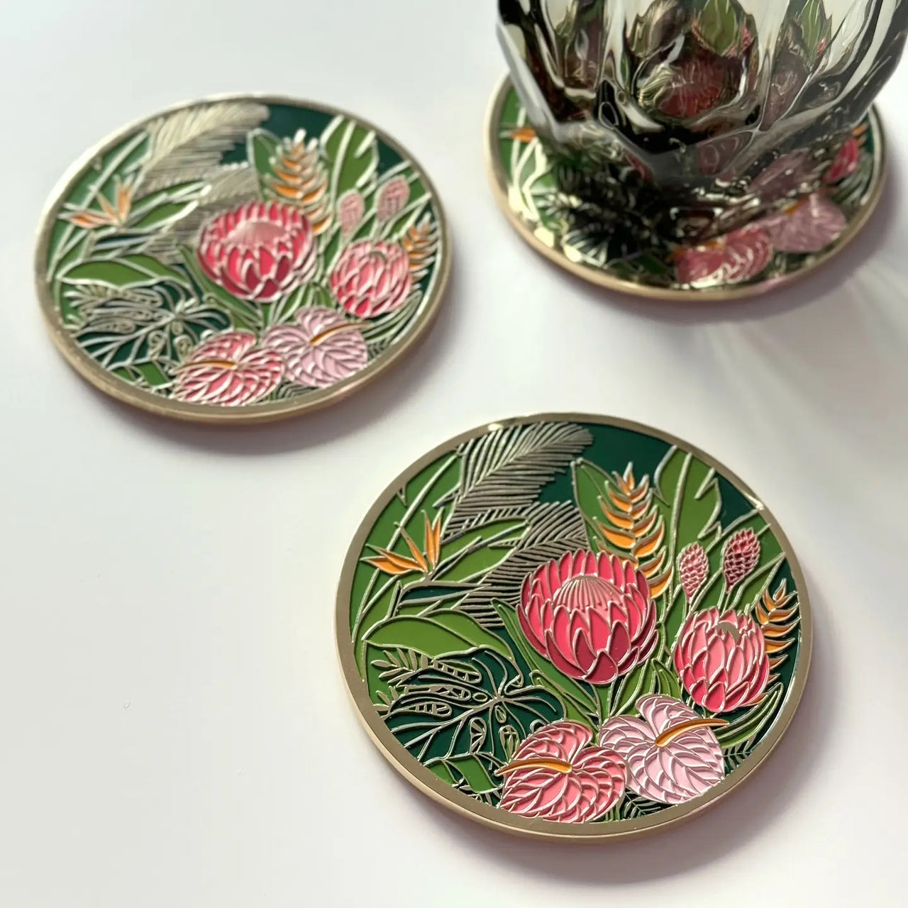 18k Gold-Plated Tropical Floral Coasters